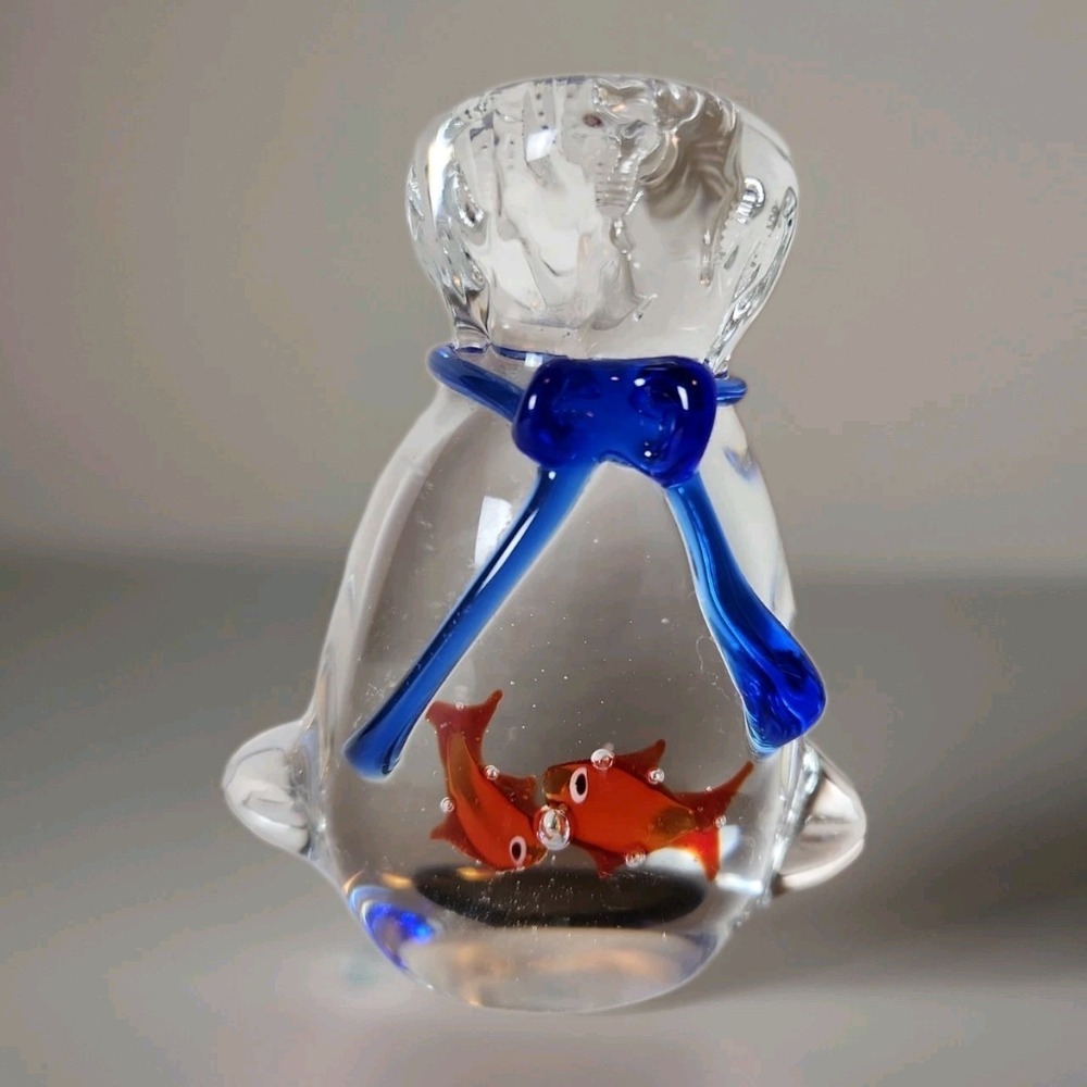Vintage Hand-Blown‎ Glass "2 Goldfish In Bag" Clear Art Sculpture 3.5 Inch